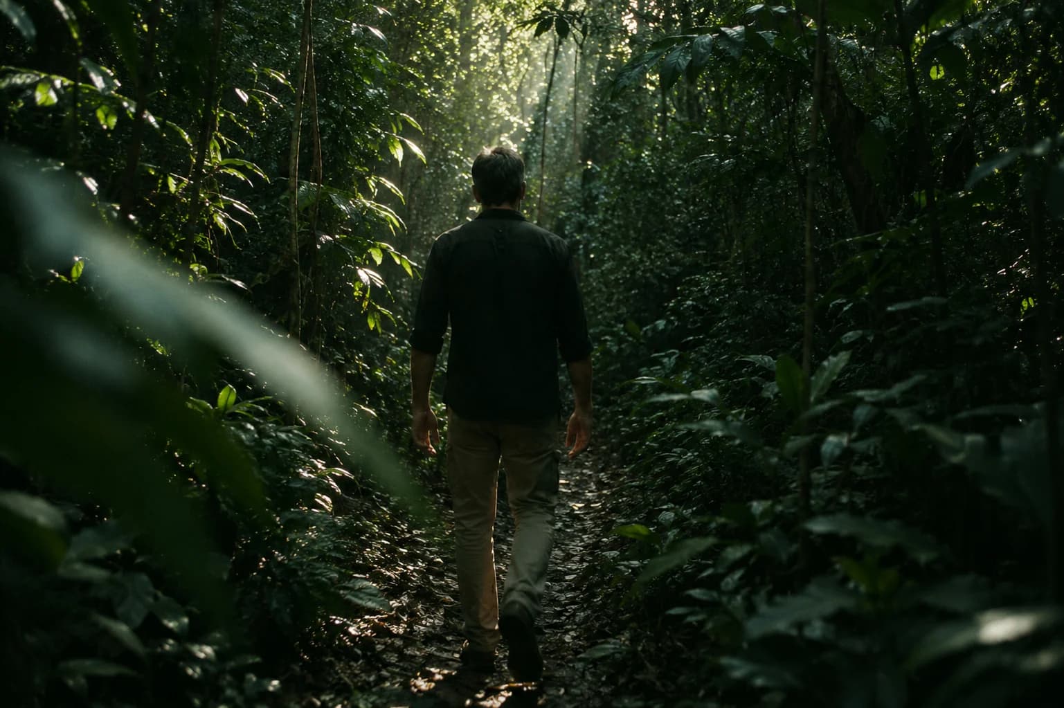 A man walking forward down a sun-dappled jungle path, dense canopy filtering shafts of light through the trees